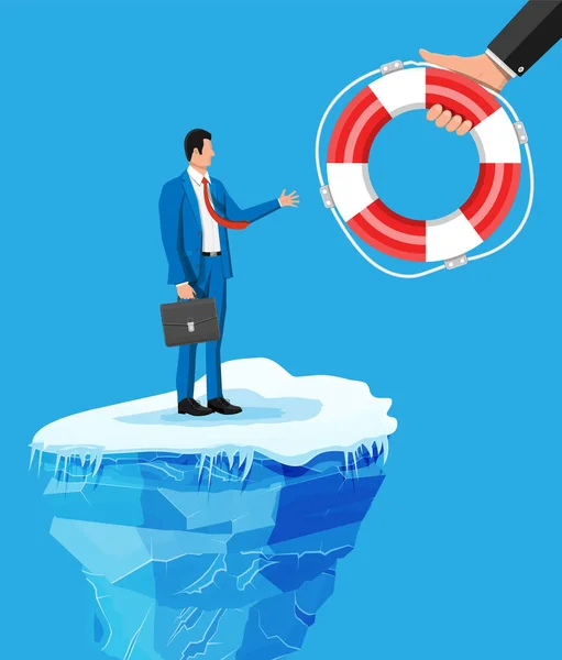 Businessman floats on iceberg getting lifebuoy. — Stock Vector
