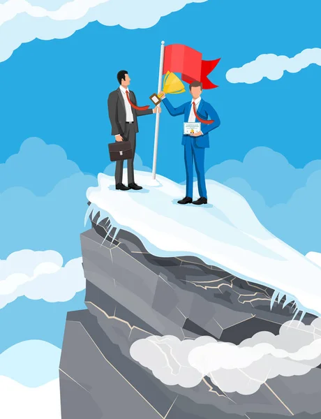 Businessman standing on top of mountain with flag. — Stock Vector