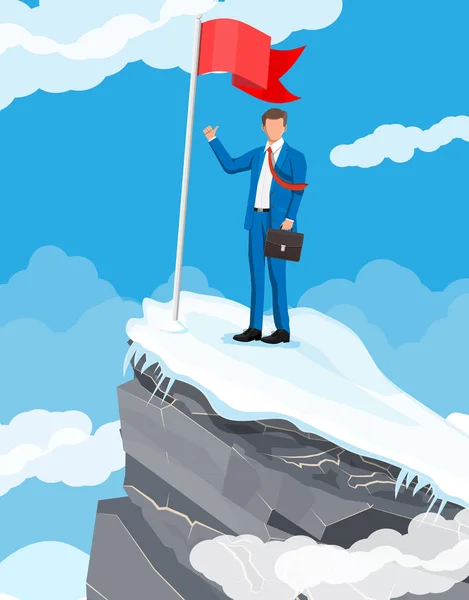 Empresário em pé no topo da montanha com bandeira . — Vetor de Stock