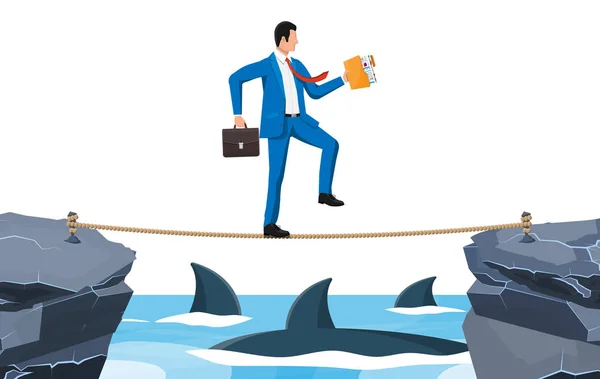 Businessman walking a tightrope over shark in sea — Stock Vector