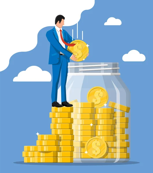 Επιχειρηματίας βάζοντας μεγάλο δολάριο κέρμα σε moneybox. — Διανυσματικό Αρχείο