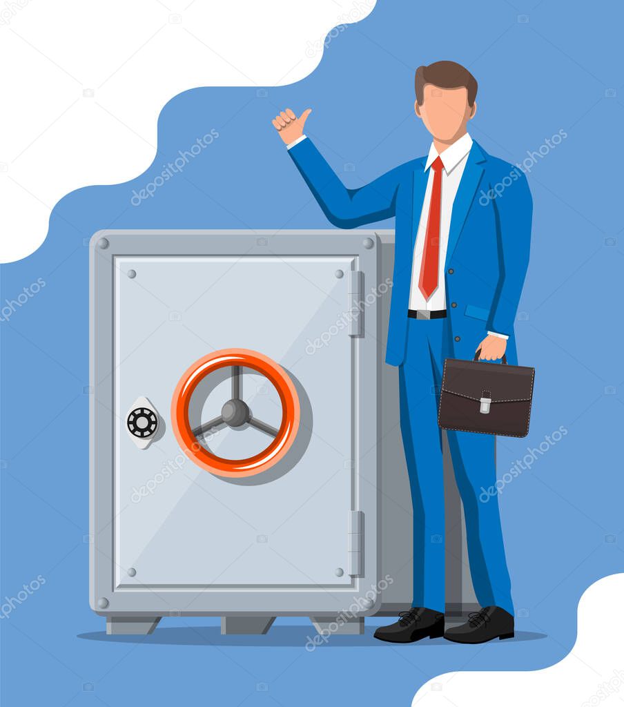 Businessman and metallic safe box