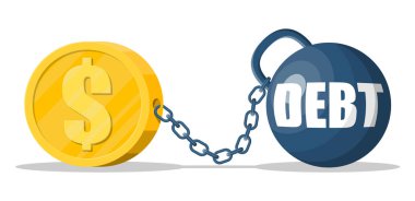 Debt ball chained to dollar gold coin.