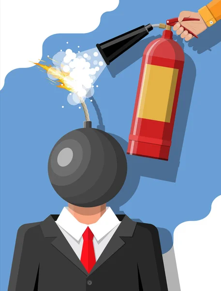 Empresário Estressado Com Cabeça Bomba Recebe Ajuda Homem Com Extintor — Vetor de Stock