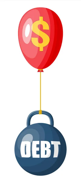債務ボールはドル記号で気球に鎖 足かせとお金で大きな借金の重さ 税負担 金融犯罪 手数料 危機と破産 平型ベクトルイラスト — ストックベクタ