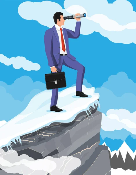 Businessman Briefcase Looking Opportunities Spyglass Business Man Look Target Mountain — Stock Vector