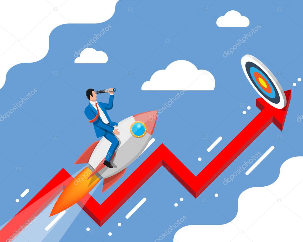 Successful business man flying on rocket on graph