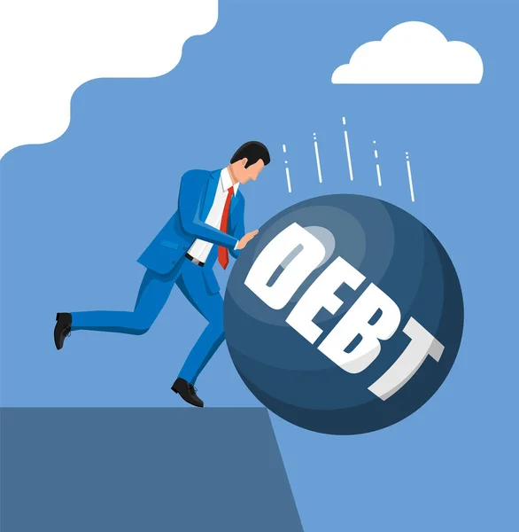 Uomo d'affari spingendo il peso del debito fuori . — Vettoriale Stock