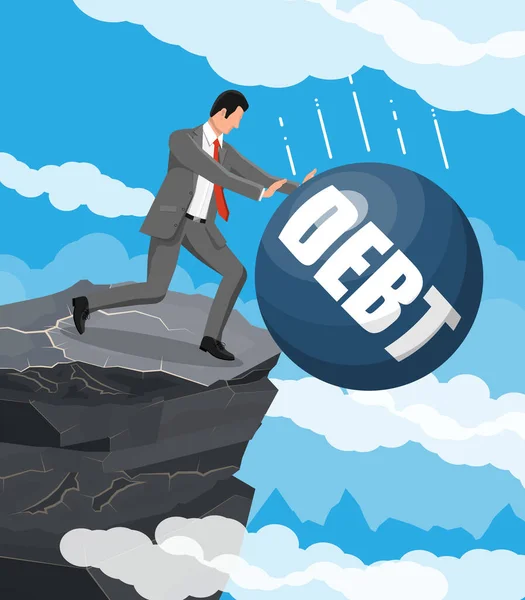Podnikatel tlačí dluhovou váhu z hor. — Stockový vektor