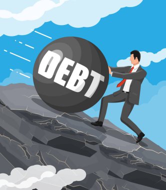 Businessman on mountain pushing big debt weight