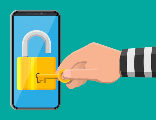 Pencuri atau hacker menggunakan kunci untuk membuka smartphone . - Stok Vektor