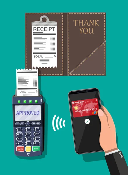 Terminale POS e transazione di pagamento smartphone — Vettoriale Stock
