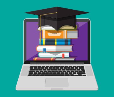 Defter, şapka ve kitap yığını. Çevrimiçi eğitim