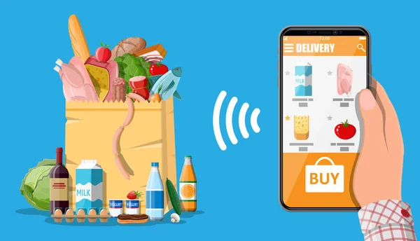 Ручной смартфон с приложением для покупок продуктов питания — стоковый вектор