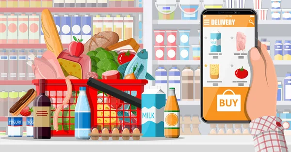 Ручной смартфон с приложением для покупок продуктов питания — стоковый вектор