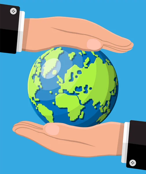Ανθρώπινο χέρι που κρατάει πράσινη γη. Αποθήκευση ημέρας γης. — Διανυσματικό Αρχείο