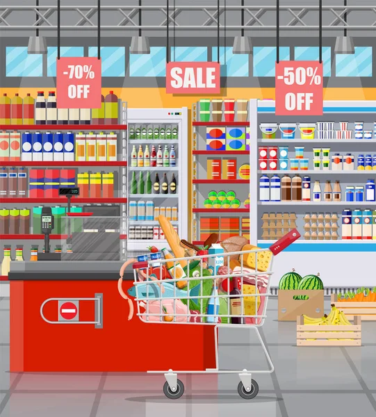 Supermarket store interior dengan barang. - Stok Vektor