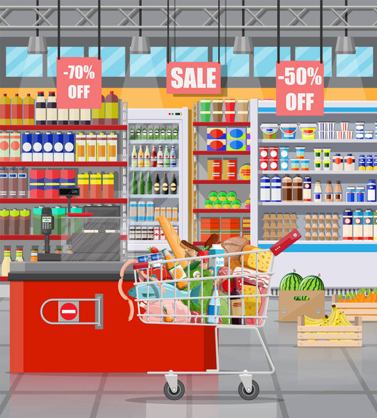 Supermarket store interior with goods.