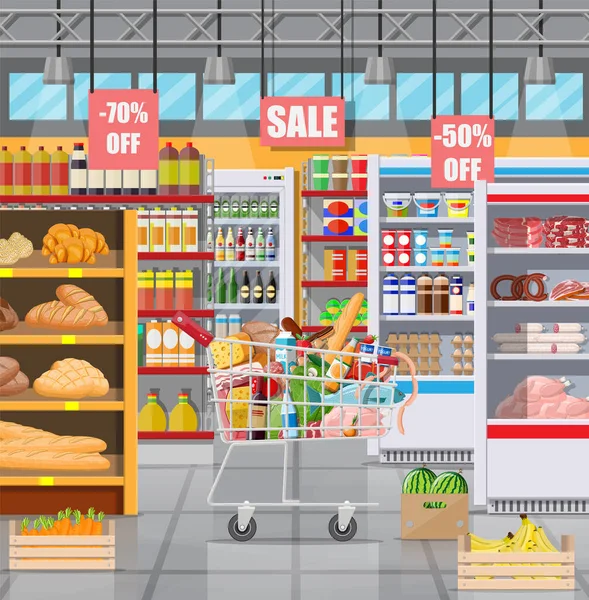 Supermercado tienda interior con mercancías. — Vector de stock