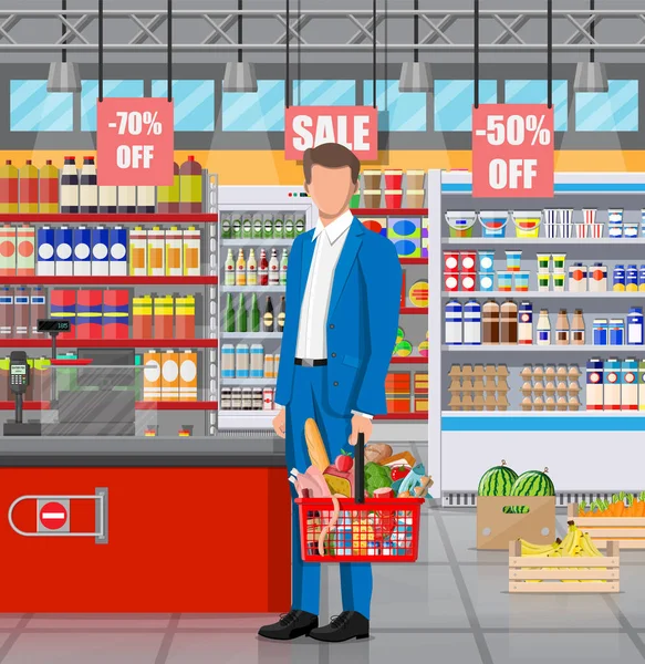 Supermercado tienda interior con mercancías. — Vector de stock