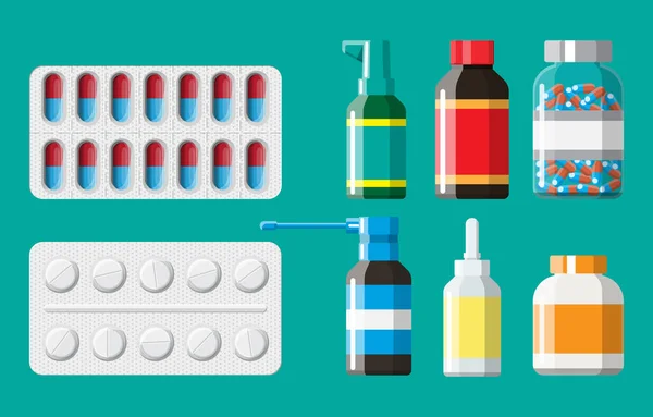 Set de flacons, comprimés, pilules, gélules et spray — Image vectorielle