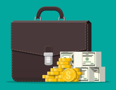 Leather suitcase full of money. clipart