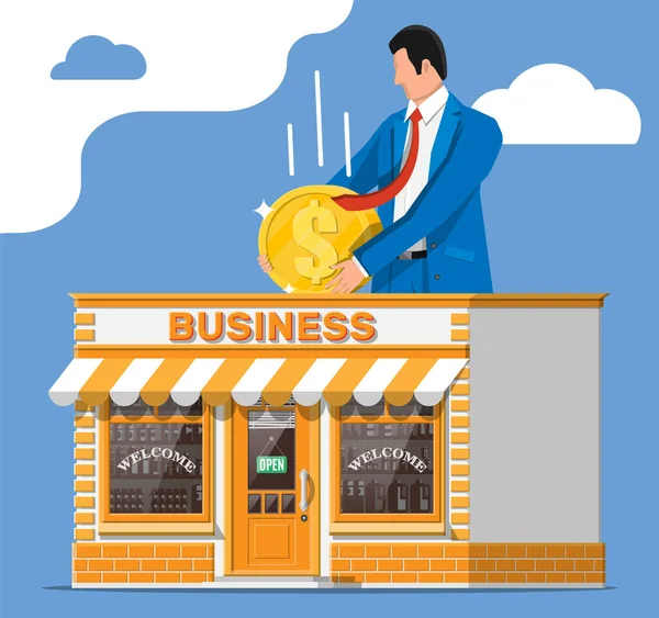 Boutique immeuble commercial, homme avec pièce de monnaie — Image vectorielle