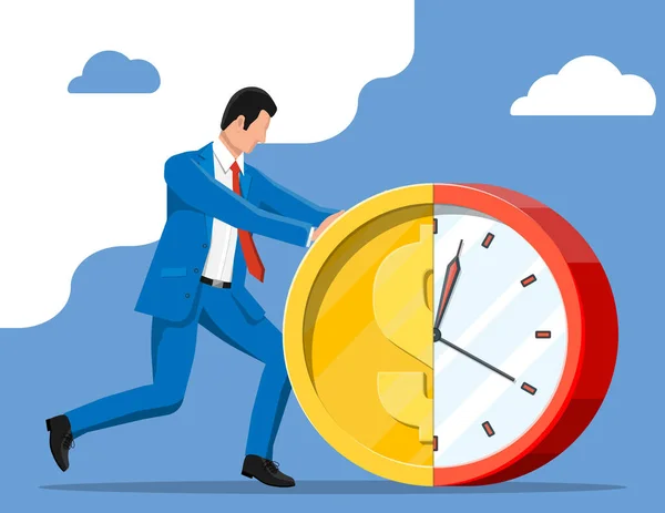 Businessman pushing dollar coin clock. — Stock Vector
