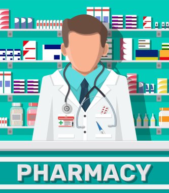 Eczane ve erkek eczacının modern iç mimarisi..