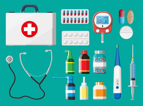 Kit de primeiros socorros médicos com diferentes dispositivos pílulas —  Vetores de Stock