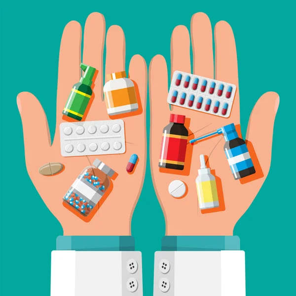 Collection de médicaments entre les mains . — Image vectorielle