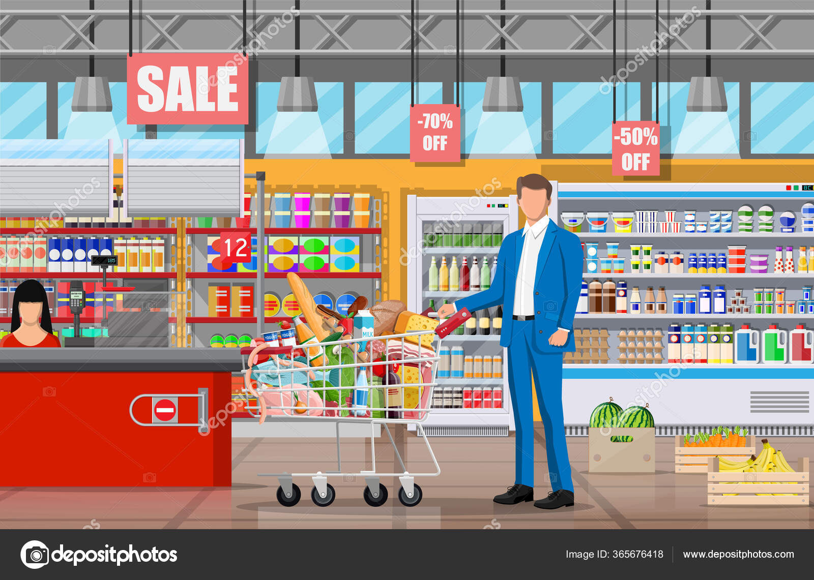 Supermarket store interior with goods. Stock Vector Image by ©abscent  #365676418