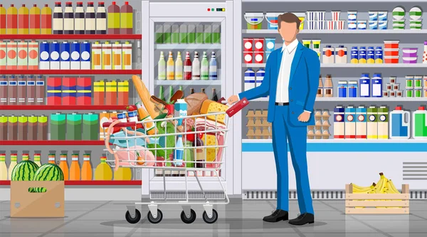 Supermercado tienda interior con mercancías. — Vector de stock