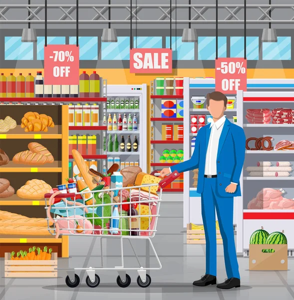 Supermarché magasin intérieur avec des marchandises. — Image vectorielle