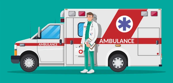 Koncept personálu ambulance. Auto a lékař — Stockový vektor