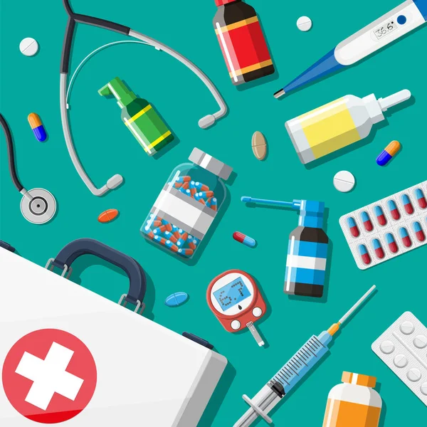 Ιατρικό κουτί πρώτων βοηθειών με διαφορετικές συσκευές χάπια — Διανυσματικό Αρχείο