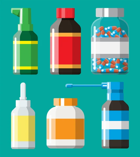 ボトル、錠剤、錠剤、カプセル、スプレーのセット — ストックベクタ