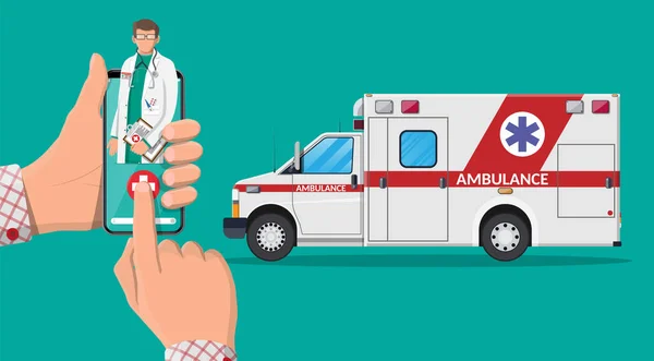 Ambulans arabasını cep telefonundan ara.. — Stok Vektör