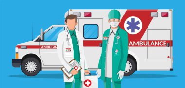 Ambulans personeli konsepti. Araba ve doktor.