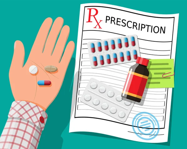 Рука, рецепт RX, таблетки, капсулы от болезни — стоковый вектор