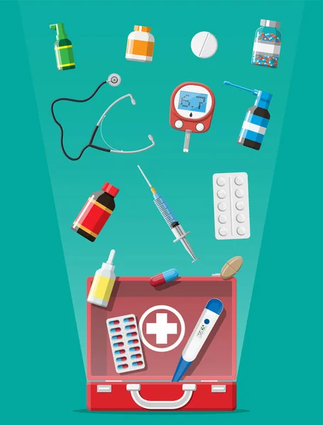 Medische EHBO kit met verschillende pillen apparaten — Stockvector