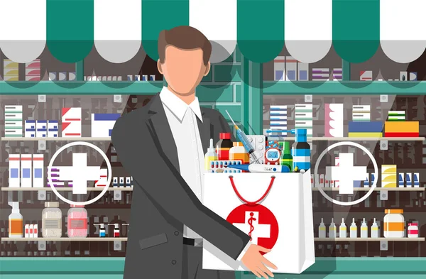 Hombre sosteniendo bolsa de la farmacia en frente de la farmacia — Vector de stock