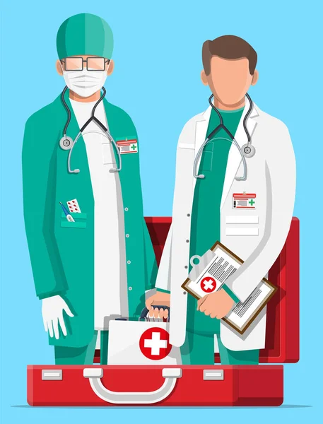 Dois médicos com estetoscópio em kit de primeiros socorros . — Vetor de Stock