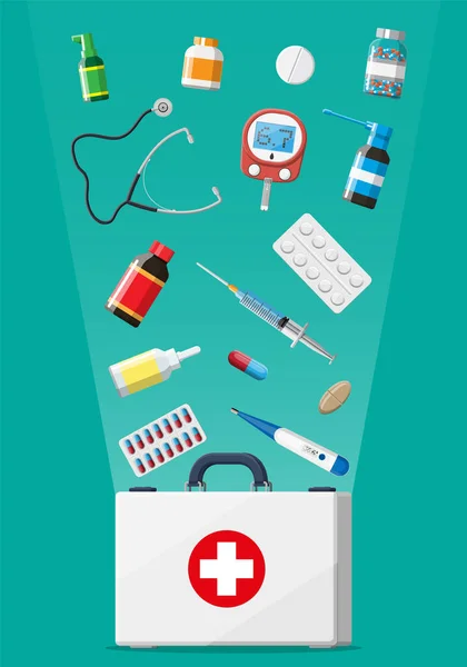 配备不同药丸装置的急救箱 — 图库矢量图片