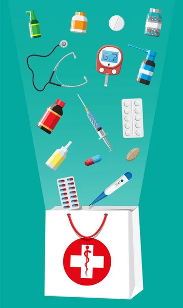 Set de flacons, comprimés, pilules, gélules et spray — Image vectorielle