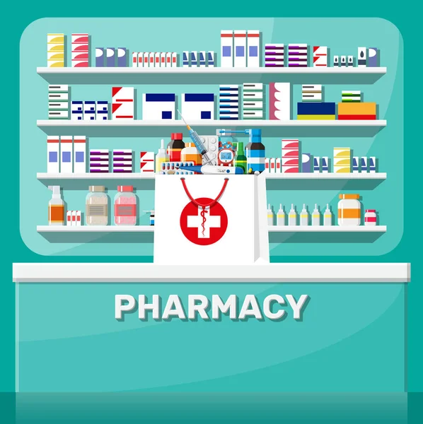 Interior moderno de la farmacia . — Vector de stock