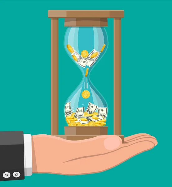 Dinero con reloj de arena en la mano — Vector de stock