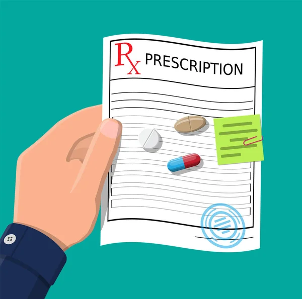 Mano, prescrizione rx, pillole, capsule per la malattia — Vettoriale Stock