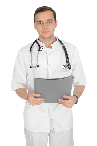 Портрет лікаря-чоловіка в білому хірургічному костюмі з камерою — стокове фото