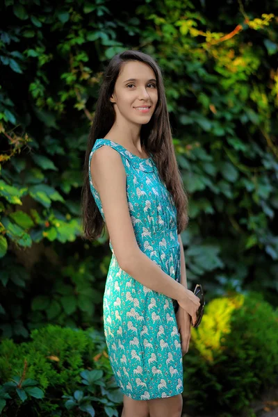 Joven chica sonriente en vestido de verano de pie sobre un fondo de v — Foto de Stock